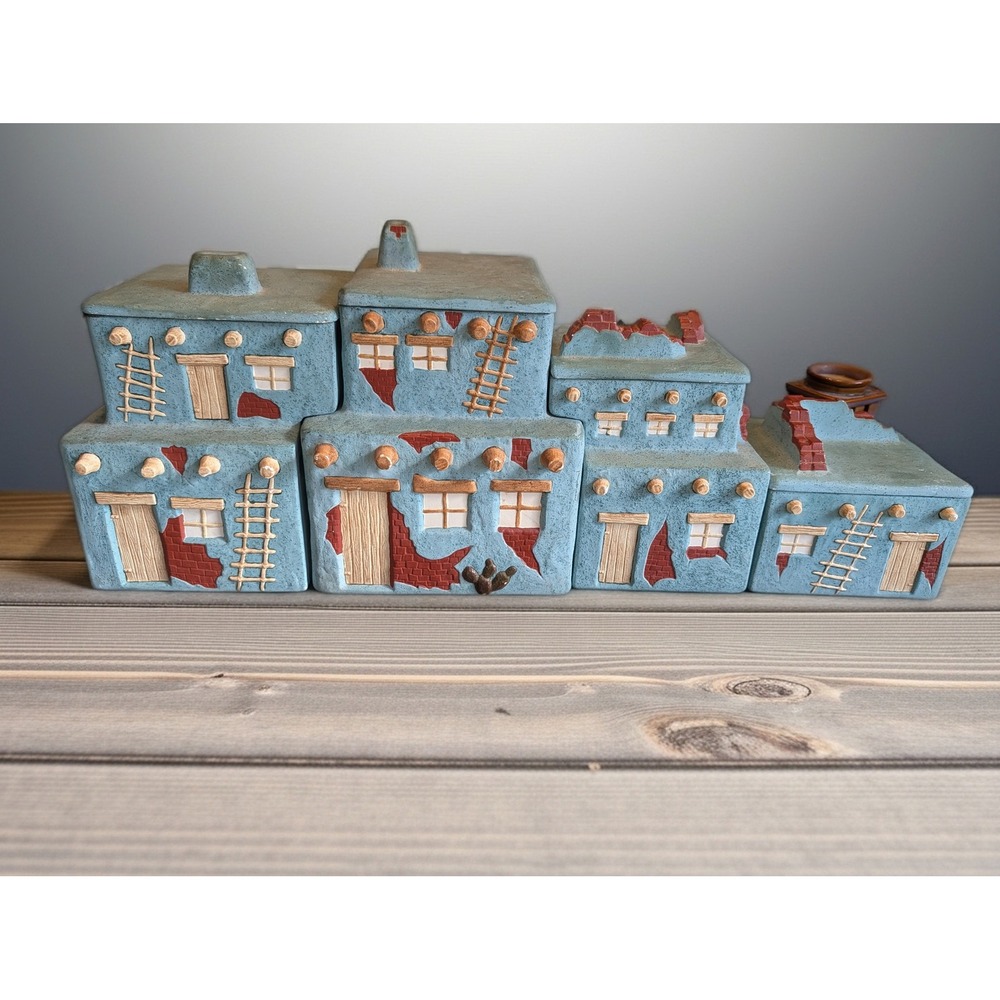 Southwestern Pueblo Village Ceramic Canister Set 4 Piece Blue Adobe Style Decor